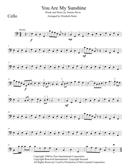 You Are My Sunshine Cello Part Sheet Music