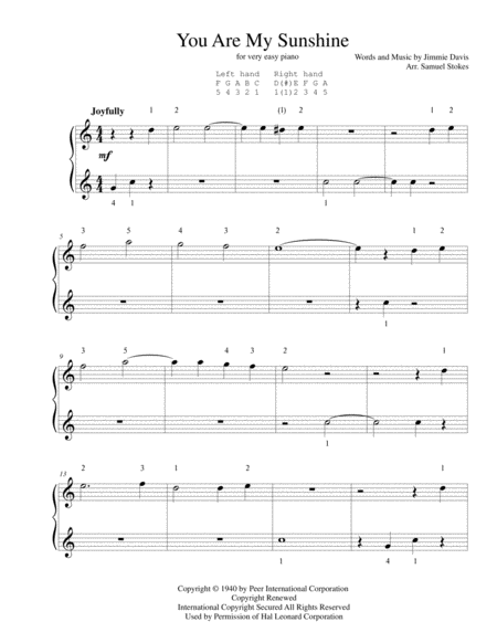 You Are My Sunshine For Very Easy Piano Sheet Music