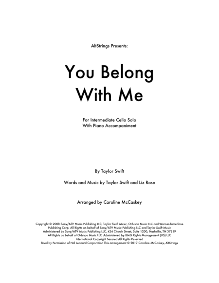 Free Sheet Music You Belong With Me Cello Solo With Piano Accompaniment