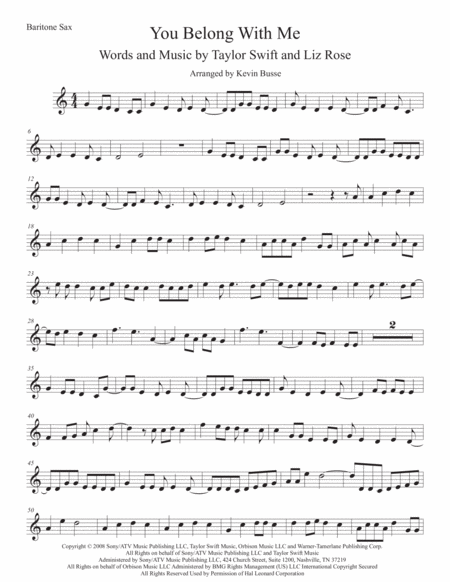 Free Sheet Music You Belong With Me Easy Key Of C Bari Sax