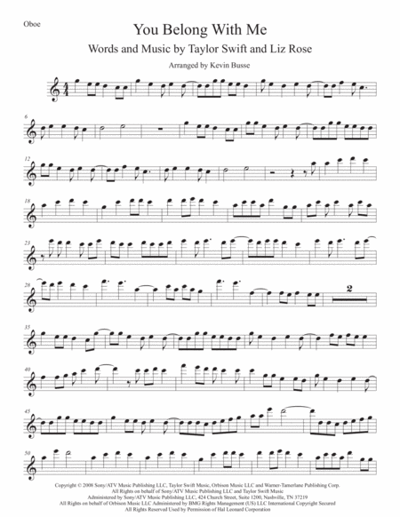 You Belong With Me Easy Key Of C Oboe Sheet Music