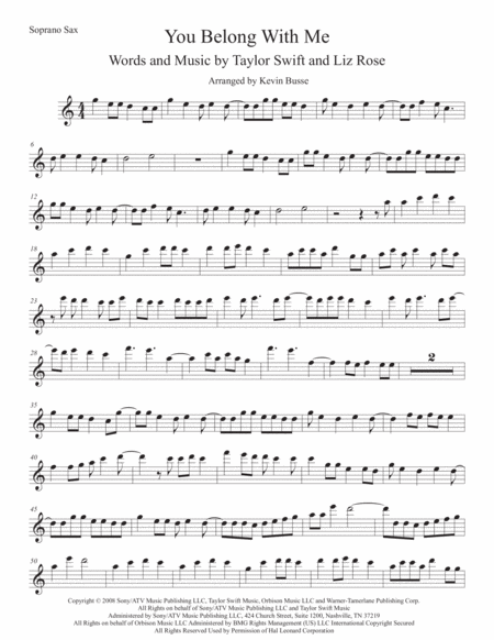 You Belong With Me Easy Key Of C Soprano Sax Sheet Music