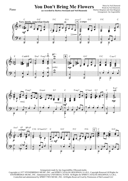 Free Sheet Music You Dont Bring Me Flowers Piano W Chords Transcription Of Original Recording