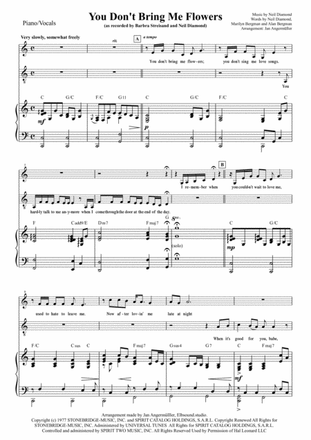 Free Sheet Music You Dont Bring Me Flowers Vocal Duet Piano Transcription Of The Original Recording