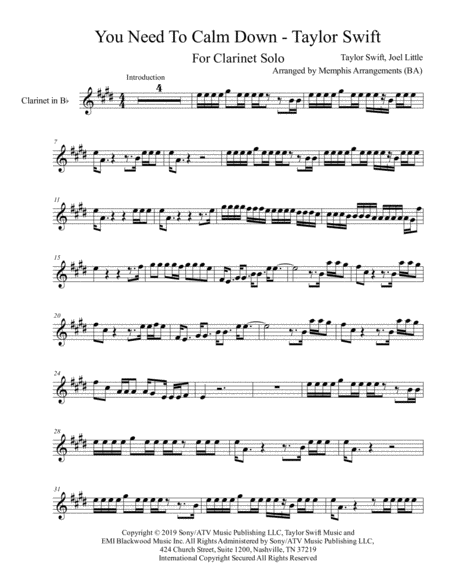 You Need To Calm Down Clarinet Solo Sheet Music