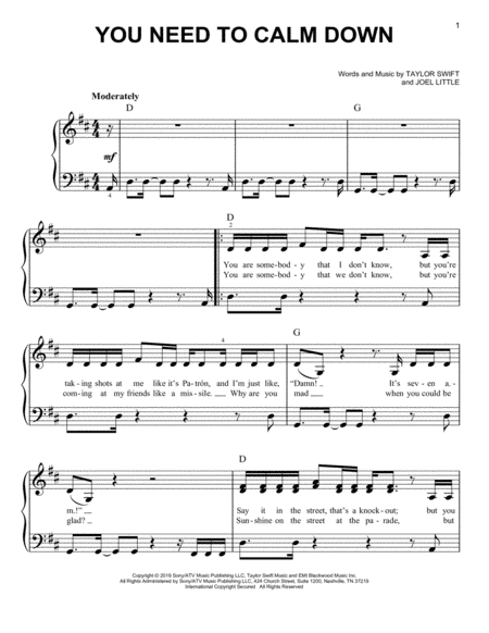 You Need To Calm Down Sheet Music