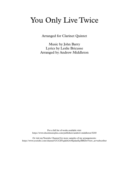 Free Sheet Music You Only Live Twice Arranged For Clarinet Quintet