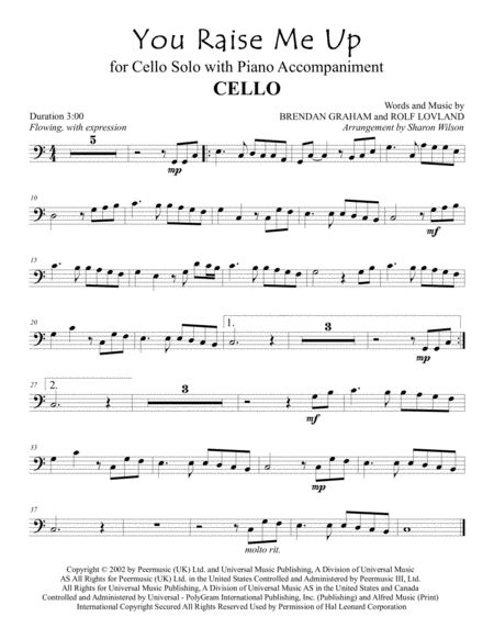 You Raise Me Up For Cello Solo With Piano Accompaniment Weddings Valentines Day Sheet Music