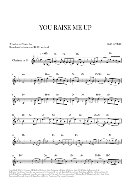 You Raise Me Up For Clarinet Solo Sheet Music