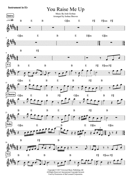 Free Sheet Music You Raise Me Up For Eb Instruments