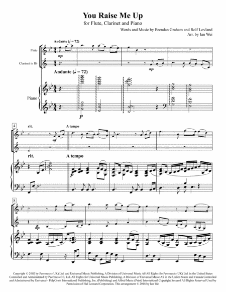 You Raise Me Up For Flute Clarinet And Piano Sheet Music