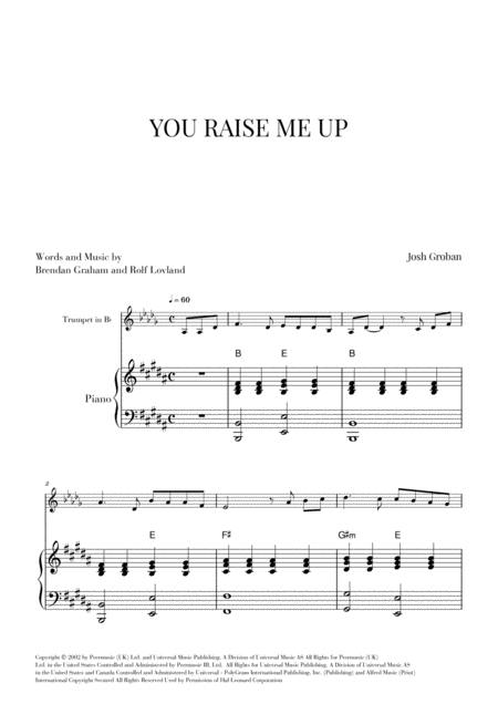 You Raise Me Up For Trumpet And Piano B Major Sheet Music