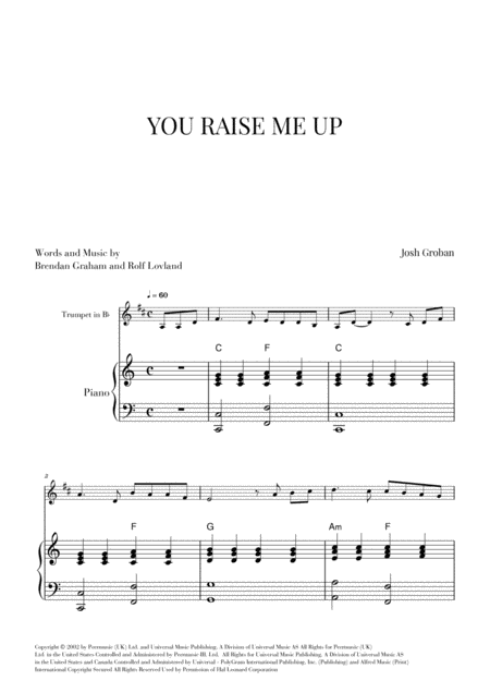 Free Sheet Music You Raise Me Up For Trumpet And Piano C Major