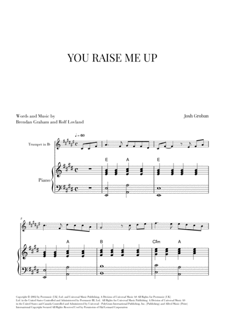 You Raise Me Up For Trumpet And Piano E Major Sheet Music