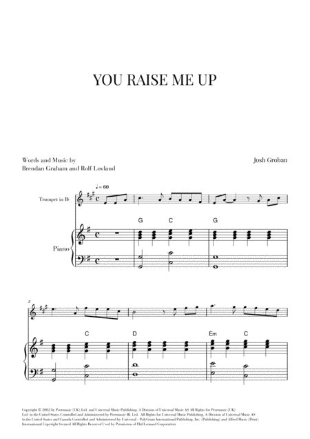 Free Sheet Music You Raise Me Up For Trumpet And Piano G Major