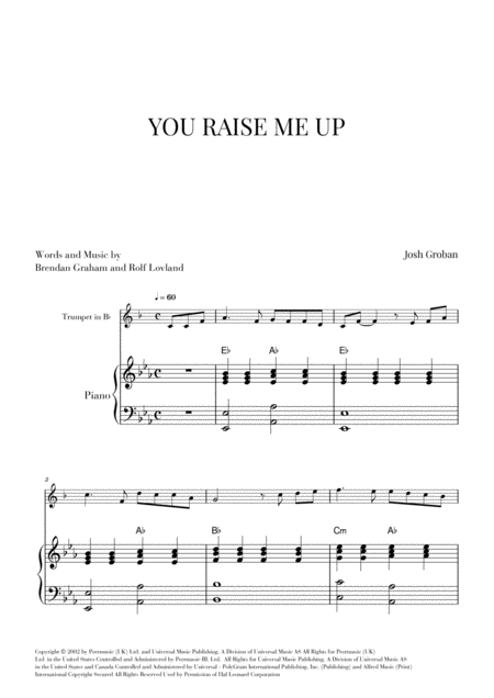 Free Sheet Music You Raise Me Up For Trumpet And Piano Original Key