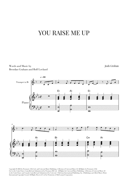 You Raise Me Up For Trumpet And Piano Original Key Sheet Music