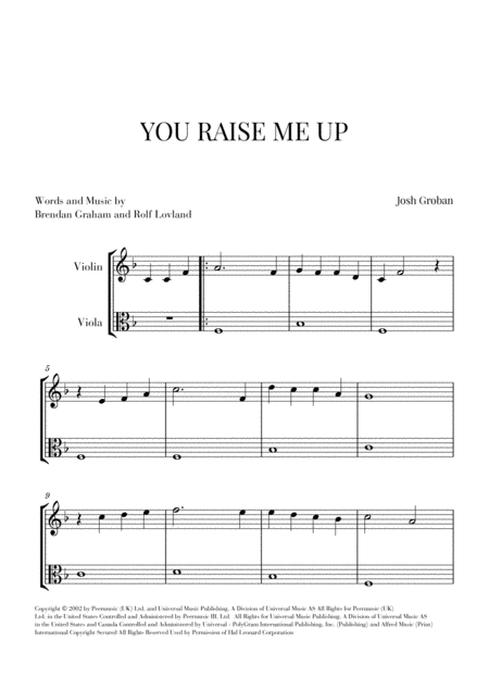 Free Sheet Music You Raise Me Up For Violin And Viola Easy