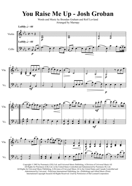 You Raise Me Up Josh Groban Arranged For String Duet Sheet Music