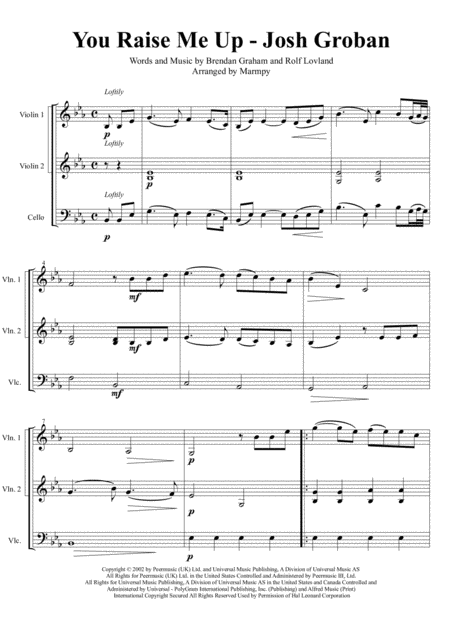 You Raise Me Up Josh Groban Arranged For String Trio Sheet Music