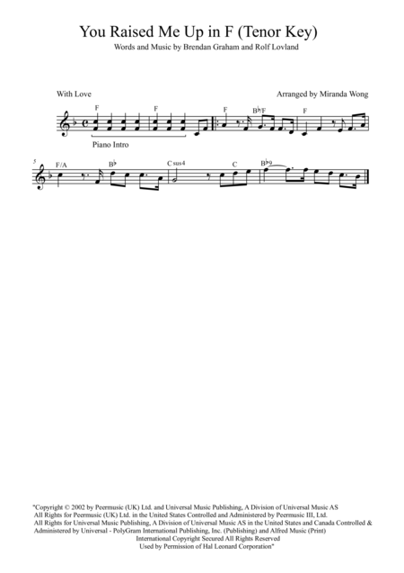 You Raise Me Up Lead Sheet For Saxophone Solo Josh Groban Sheet Music