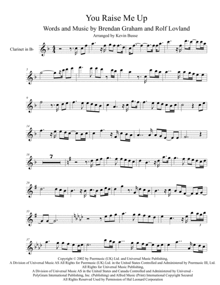 You Raise Me Up Original Key Clarinet Sheet Music