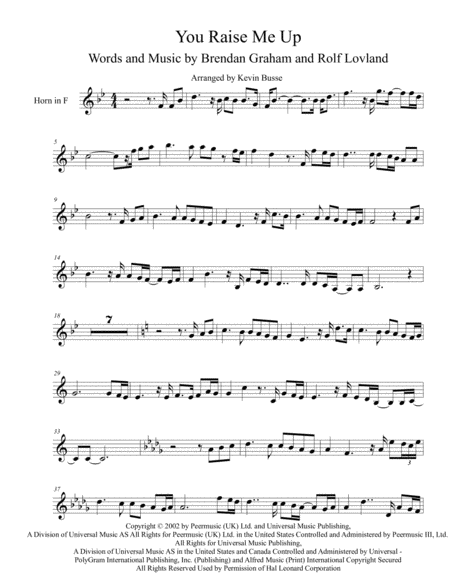 You Raise Me Up Original Key Horn In F Sheet Music