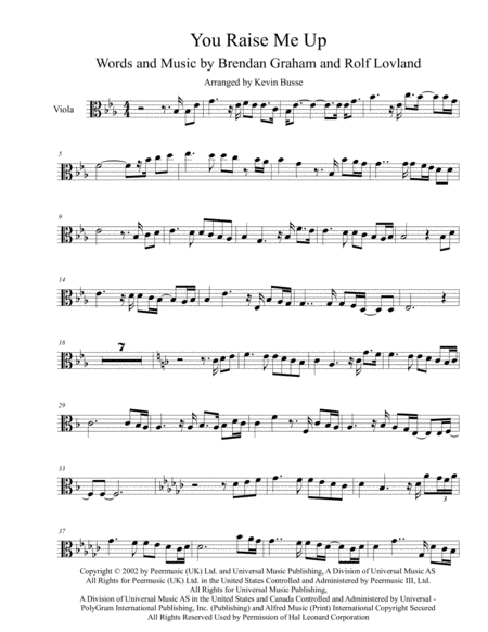 Free Sheet Music You Raise Me Up Original Key Viola