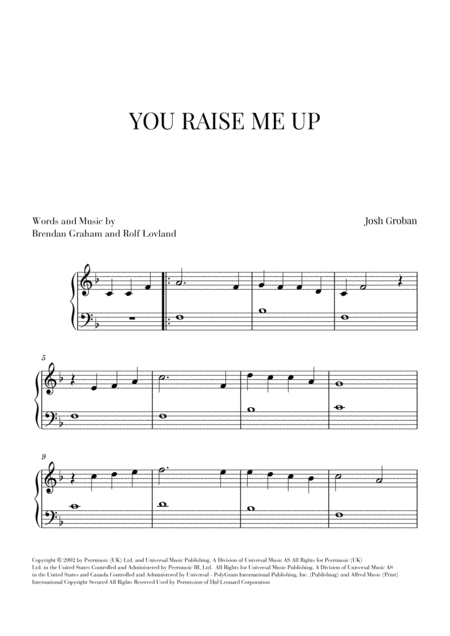 Free Sheet Music You Raise Me Up Piano Easy Beginner