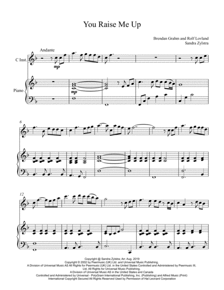 You Raise Me Up Treble C Instrument Solo Sheet Music