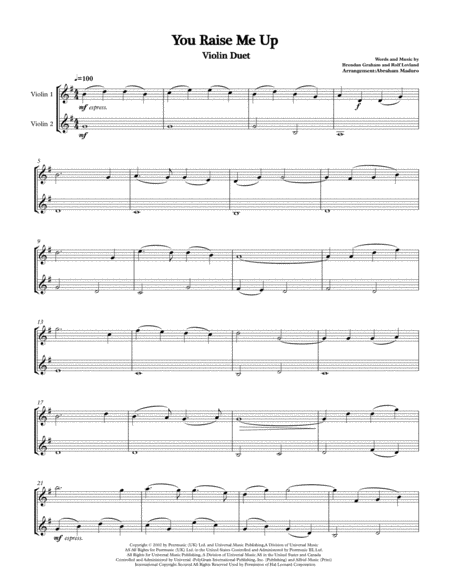 You Raise Me Up Wedding Violin Duet Sheet Music