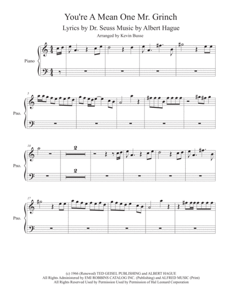 Free Sheet Music You Re A Mean One Mr Grinch Piano