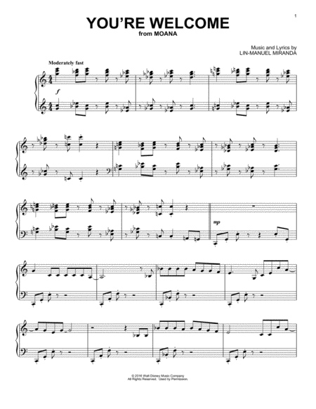 Free Sheet Music You Re Welcome From Moana