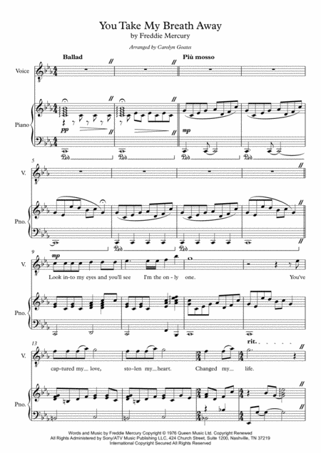 You Take My Breath Away Queen For Voice And Piano Sheet Music