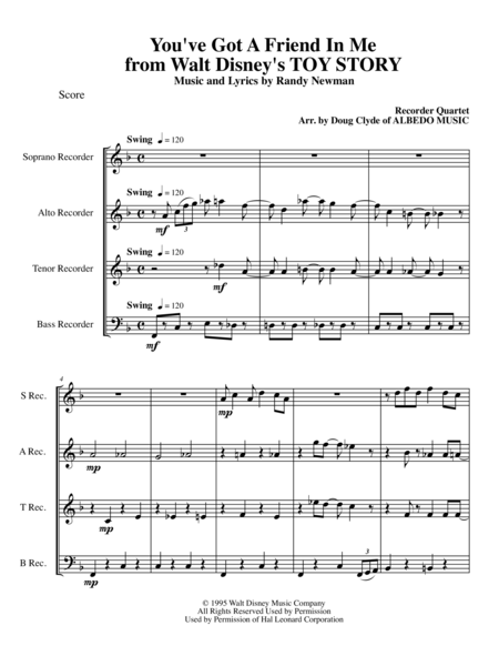 You Ve Got A Friend In Me From Walt Disneys Toy Story For Recorder Quartet Sheet Music