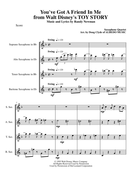 You Ve Got A Friend In Me From Walt Disneys Toy Story For Saxophone Quartet Sheet Music