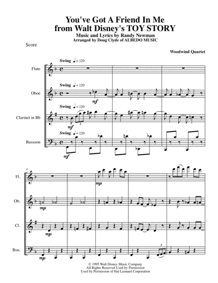 You Ve Got A Friend In Me From Walt Disneys Toy Story For Woodwind Quartet Sheet Music