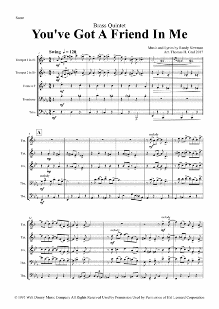 You Ve Got A Friend In Me Toy Story Brass Quintet Sheet Music