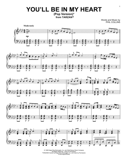 Free Sheet Music You Will Be In My Heart Pop Version From Tarzan