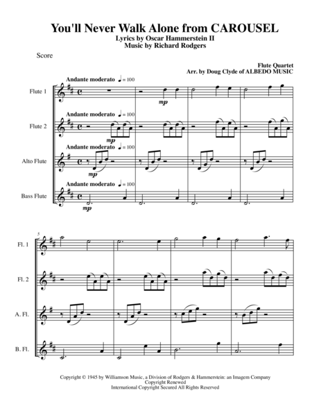 Free Sheet Music You Will Never Walk Alone From Carousel For Flute Quartet