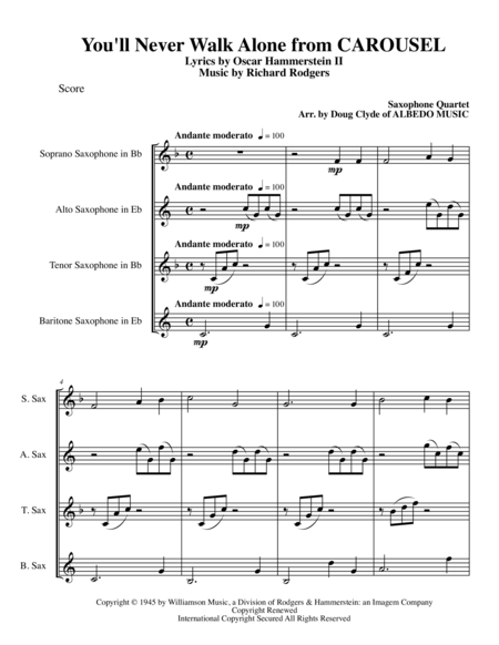 Free Sheet Music You Will Never Walk Alone From Carousel For Saxophone Quartet