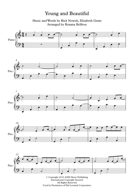 Free Sheet Music Young And Beautiful A Minor By Lana Del Rey Piano