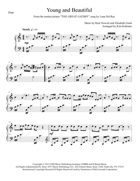 Young And Beautiful From The Great Gatsby Sung By Lana Del Ray Arranged For Solo Harp In C No Lever Required Sheet Music