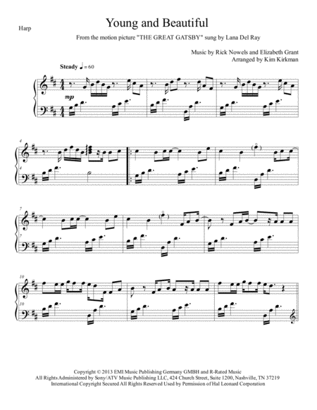 Young And Beautiful From The Great Gatsby Sung By Lana Del Ray Arranged For Solo Harp Original Key Sheet Music