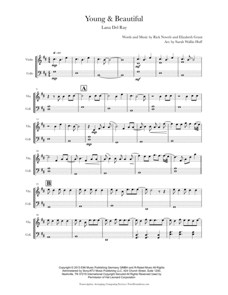 Free Sheet Music Young And Beautiful Violin Cello
