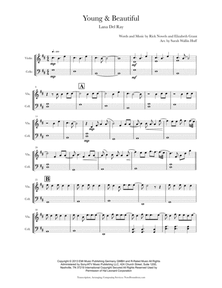 Young And Beautiful Violin Cello Sheet Music