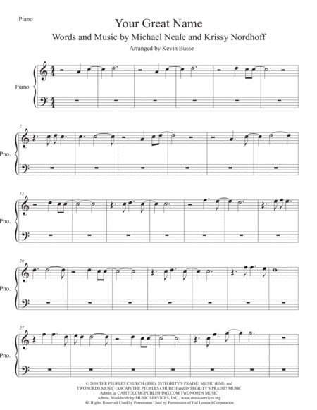 Your Great Name Easy Key Of C Piano Sheet Music