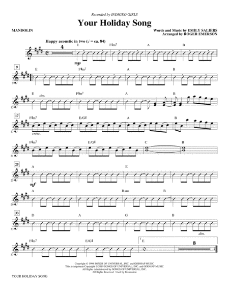 Your Holiday Song Arr Roger Emerson Mandolin Sheet Music