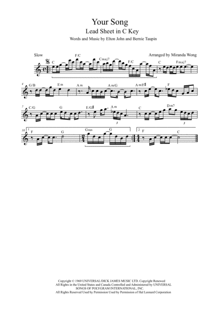 Your Song Alto Saxophone Solo Concert Key Sheet Music