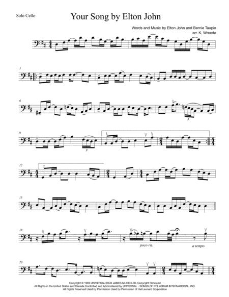 Your Song Elton John For Solo Cello Sheet Music